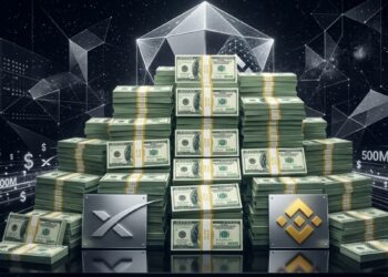 Montaña de fajos de billetes de dólares, flanqueada por placas con los logotipos de SpaceX y Binance.
