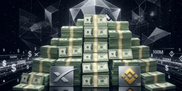 Montaña de fajos de billetes de dólares, flanqueada por placas con los logotipos de SpaceX y Binance.