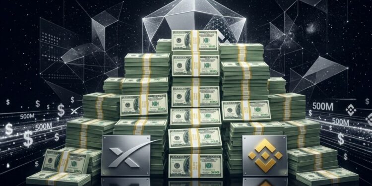 Montaña de fajos de billetes de dólares, flanqueada por placas con los logotipos de SpaceX y Binance.
