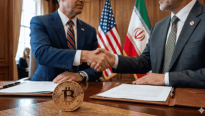 primer plano: moneda de bitcoin sobre una mesa. En el fondo: funcionarios de EEUU e Irán dándose un apretón de manos. Más hacia el fondo: banderas de ambos países.