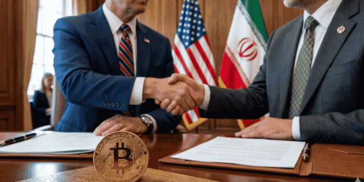 primer plano: moneda de bitcoin sobre una mesa. En el fondo: funcionarios de EEUU e Irán dándose un apretón de manos. Más hacia el fondo: banderas de ambos países.