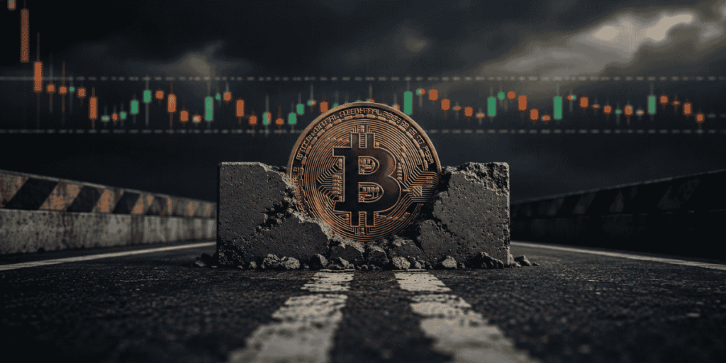 moneda de BTC estancada o atrapada en una roca.