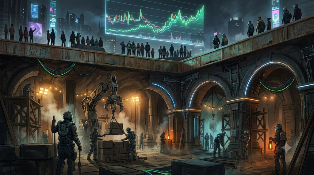 Wide cinematic illustration of a vast underground foundation being built at night, with workers and cranes assembling massive stone arches and pillars by lamplight, while far above on the surface a crowd stares up at a glowing price chart in the sky. Muted earth tones below, cold blue glow above. Subtle Bitcoin orange accent lighting on the structure. Sense of important work happening unnoticed. Editorial, atmospheric, slightly painterly.