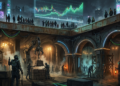 Wide cinematic illustration of a vast underground foundation being built at night, with workers and cranes assembling massive stone arches and pillars by lamplight, while far above on the surface a crowd stares up at a glowing price chart in the sky. Muted earth tones below, cold blue glow above. Subtle Bitcoin orange accent lighting on the structure. Sense of important work happening unnoticed. Editorial, atmospheric, slightly painterly.