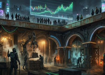 Wide cinematic illustration of a vast underground foundation being built at night, with workers and cranes assembling massive stone arches and pillars by lamplight, while far above on the surface a crowd stares up at a glowing price chart in the sky. Muted earth tones below, cold blue glow above. Subtle Bitcoin orange accent lighting on the structure. Sense of important work happening unnoticed. Editorial, atmospheric, slightly painterly.