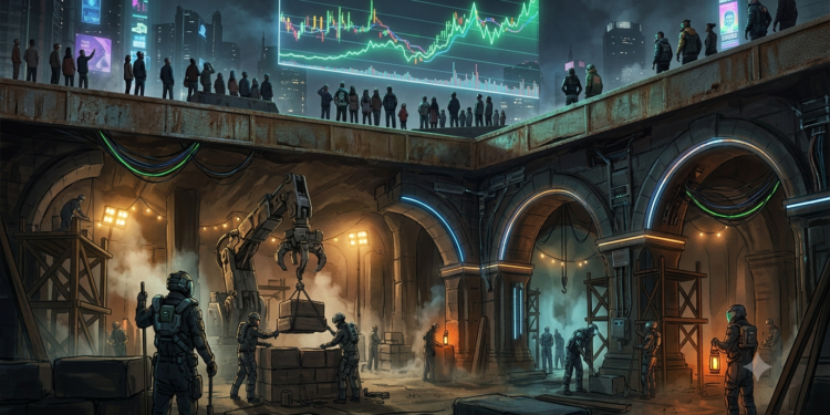 Wide cinematic illustration of a vast underground foundation being built at night, with workers and cranes assembling massive stone arches and pillars by lamplight, while far above on the surface a crowd stares up at a glowing price chart in the sky. Muted earth tones below, cold blue glow above. Subtle Bitcoin orange accent lighting on the structure. Sense of important work happening unnoticed. Editorial, atmospheric, slightly painterly.