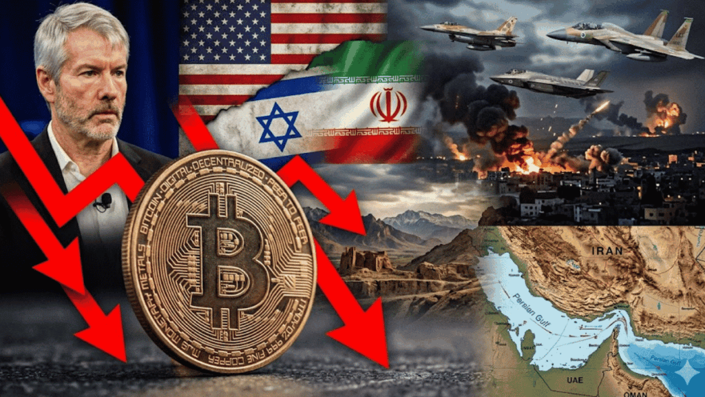 En primer plano: moneda de bitcoin con flechas rojas. En el fondo: imágenes de Michael Saylor, banderas de EE.UU., Israel e Irán, un mapa del estrecho de Ormuz.