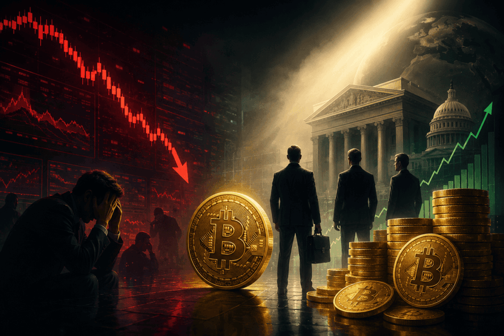 moneda de bitcoin sobre caída del mercado y edificios