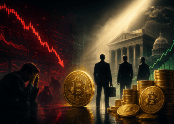 moneda de bitcoin sobre caída del mercado y edificios