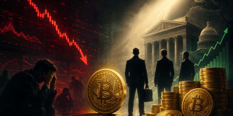moneda de bitcoin sobre caída del mercado y edificios