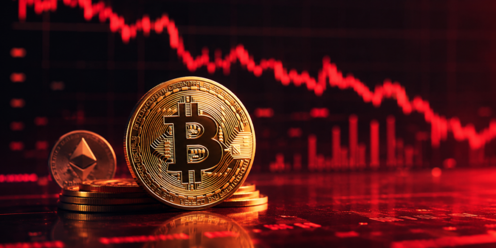 Monedas de BTC y ETH con velas en rojo, negativo.