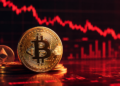 Monedas de BTC y ETH con velas en rojo, negativo.