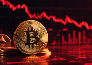 Monedas de BTC y ETH con velas en rojo, negativo.