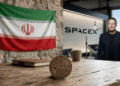 Primer plano: moneda de bitcoin en una mesa. En el fondo: bandera de Irán, logo de SpaceX y Elon Musk.