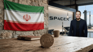 Primer plano: moneda de bitcoin en una mesa. En el fondo: bandera de Irán, logo de SpaceX y Elon Musk.
