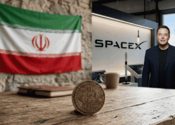 Primer plano: moneda de bitcoin en una mesa. En el fondo: bandera de Irán, logo de SpaceX y Elon Musk.