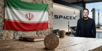 Primer plano: moneda de bitcoin en una mesa. En el fondo: bandera de Irán, logo de SpaceX y Elon Musk.