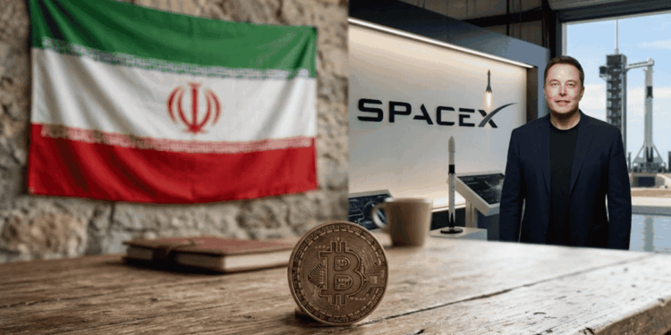 Primer plano: moneda de bitcoin en una mesa. En el fondo: bandera de Irán, logo de SpaceX y Elon Musk.