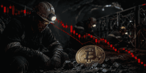 Representación gráfica de unos mineros minando BTC con velas en rojo y saldo negativo.