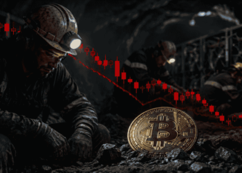 Representación gráfica de unos mineros minando BTC con velas en rojo y saldo negativo.