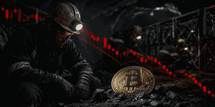 Representación gráfica de unos mineros minando BTC con velas en rojo y saldo negativo.