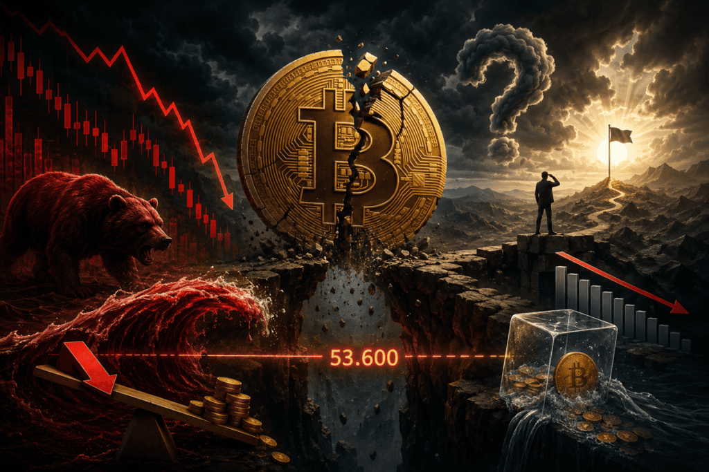 Moneda de bitcoin rota sobre una ola y meticas del mercado