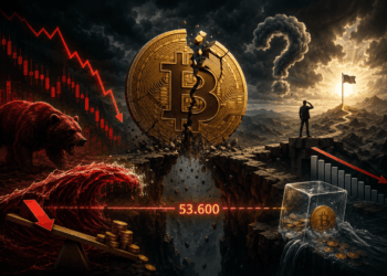Moneda de bitcoin rota sobre una ola y meticas del mercado