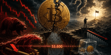 Moneda de bitcoin rota sobre una ola y meticas del mercado