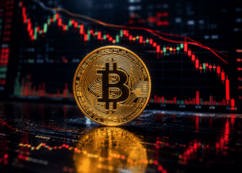 Moneda de Bitcoin en primer plano sobre un gráfico de velas japonés en rojo (bajista). El gráfico muestra una tendencia a la baja.