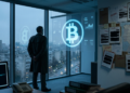 La silueta de espaldas de un funcionario o militar de pie ante un gran ventanal o un muro de documentos clasificados parcialmente tachados, observando un símbolo de bitcoin proyectado. Paleta fría, atmósfera de despacho de seguridad nacional. Ancla la idea de la razón de Estado en una figura.