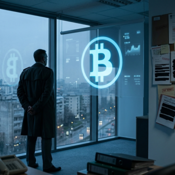 La silueta de espaldas de un funcionario o militar de pie ante un gran ventanal o un muro de documentos clasificados parcialmente tachados, observando un símbolo de bitcoin proyectado. Paleta fría, atmósfera de despacho de seguridad nacional. Ancla la idea de la razón de Estado en una figura.
