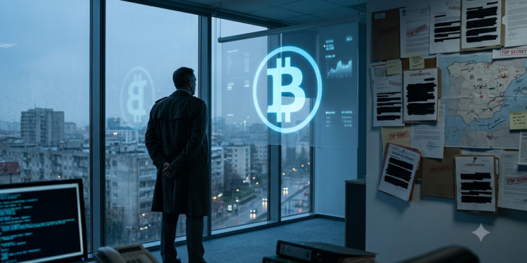 La silueta de espaldas de un funcionario o militar de pie ante un gran ventanal o un muro de documentos clasificados parcialmente tachados, observando un símbolo de bitcoin proyectado. Paleta fría, atmósfera de despacho de seguridad nacional. Ancla la idea de la razón de Estado en una figura.