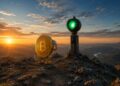 Una moneda física de bitcoin viendo una luz verde y, a su lado, se observa el sol saliendo por la línea de horizonte.