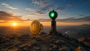 Una moneda física de bitcoin viendo una luz verde y, a su lado, se observa el sol saliendo por la línea de horizonte.