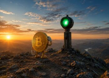 Una moneda física de bitcoin viendo una luz verde y, a su lado, se observa el sol saliendo por la línea de horizonte.