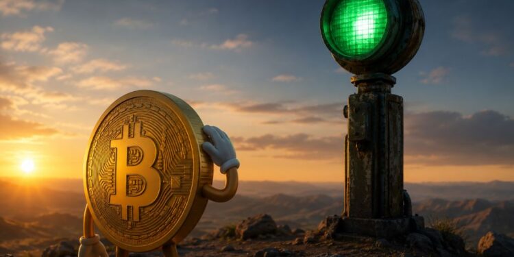 Una moneda física de bitcoin viendo una luz verde y, a su lado, se observa el sol saliendo por la línea de horizonte.