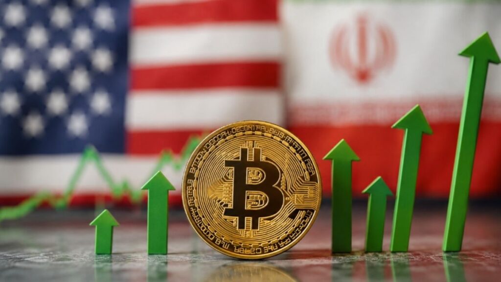 Primer plano: moneda de bitcoin y flechas verdes. Fondo: banderas de EE. UU. e Irán.