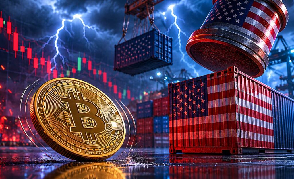 Una moneda de bitcoin temblando debajo de una tormenta y junto a un container con los colores de Estados Unidos y