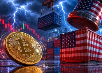 Una moneda de bitcoin temblando debajo de una tormenta y junto a un container con los colores de Estados Unidos y