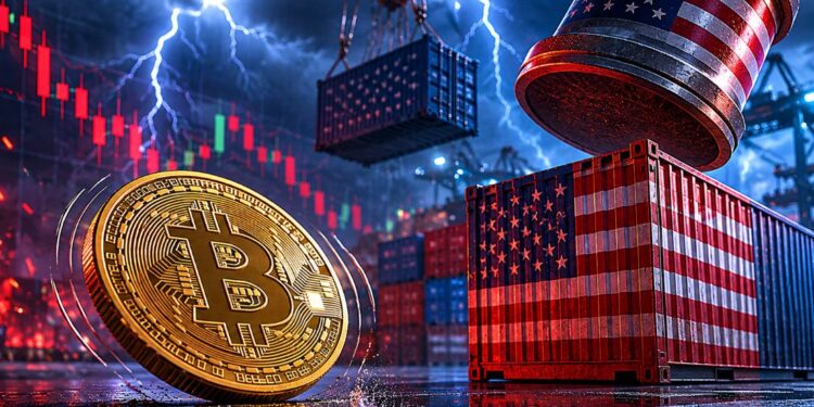 Una moneda de bitcoin temblando debajo de una tormenta y junto a un container con los colores de Estados Unidos y