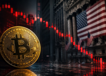 El logo de BTC, Wall Street y unas velas rojas.