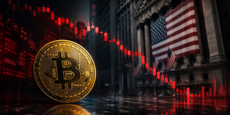 El logo de BTC, Wall Street y unas velas rojas.