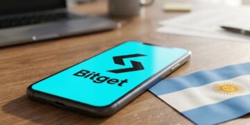 Teléfono mostrando el logo de Bitget en una mesa junto a la bandera de Argentina.