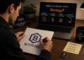Una persona dibuja el logo de Bitmine en su anotar mientras mira una pantalla con el logo de Strategy.