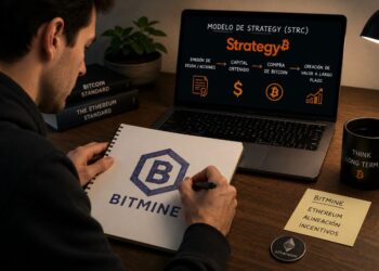 Una persona dibuja el logo de Bitmine en su anotar mientras mira una pantalla con el logo de Strategy.