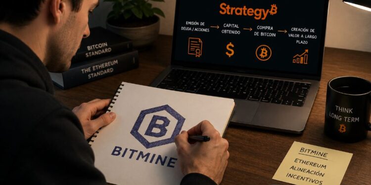 Una persona dibuja el logo de Bitmine en su anotar mientras mira una pantalla con el logo de Strategy.