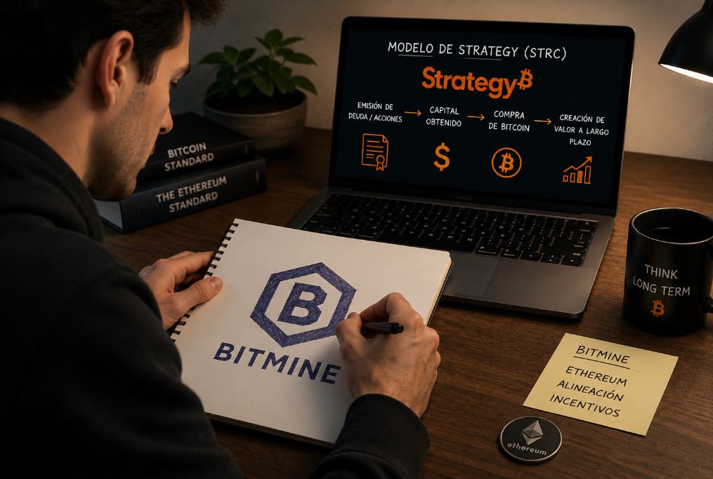 Una persona dibuja el logo de Bitmine en su anotar mientras mira una pantalla con el logo de Strategy.