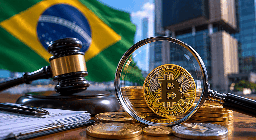 Bandera de brasil sobre un escritorio con una lupa y moneda de bitcoin y criptomonedas