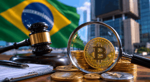Bandera de brasil sobre un escritorio con una lupa y moneda de bitcoin y criptomonedas