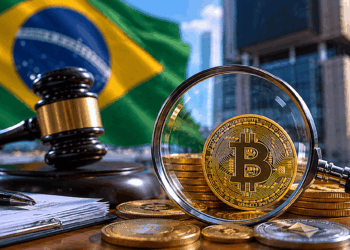 Bandera de brasil sobre un escritorio con una lupa y moneda de bitcoin y criptomonedas